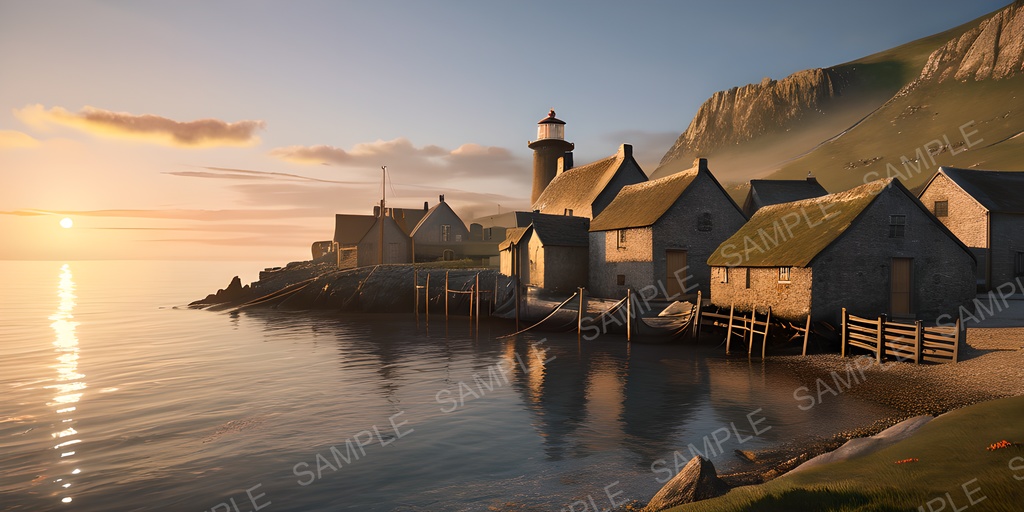 【2k背景素材】夕暮れの漁村と岬の灯台|10枚セット