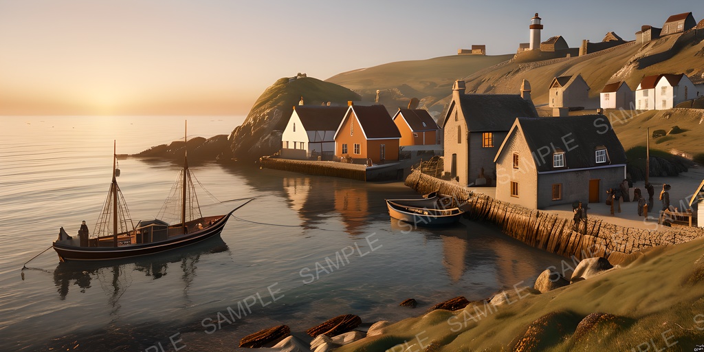 【2k背景素材】夕暮れの漁村と岬の灯台|10枚セット