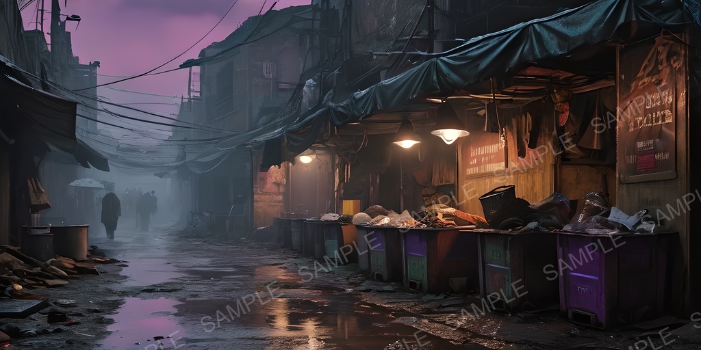 【2k背景素材】退廃サイバーパンク 裏路地マーケット|10枚セット