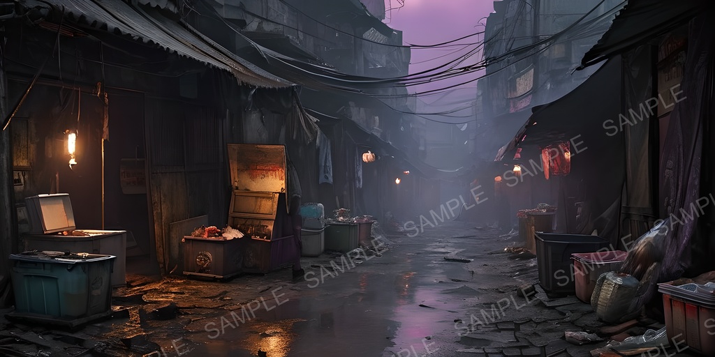 【2k背景素材】退廃サイバーパンク 裏路地マーケット|10枚セット