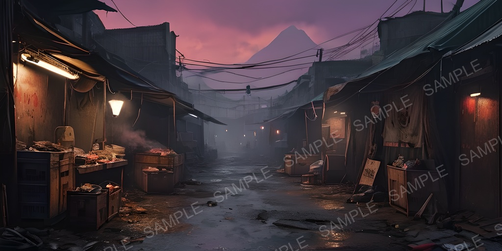 【2k背景素材】退廃サイバーパンク 裏路地マーケット|10枚セット