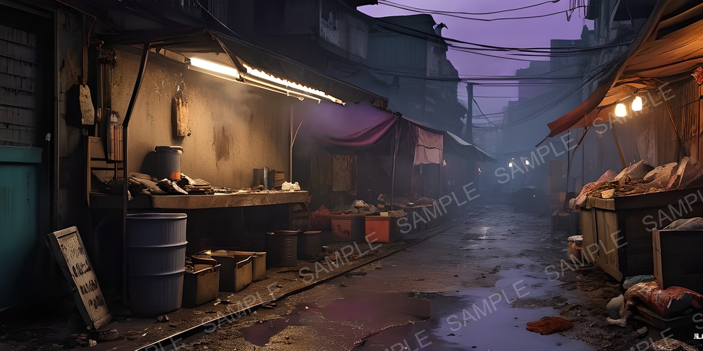 【2k背景素材】退廃サイバーパンク 裏路地マーケット|10枚セット