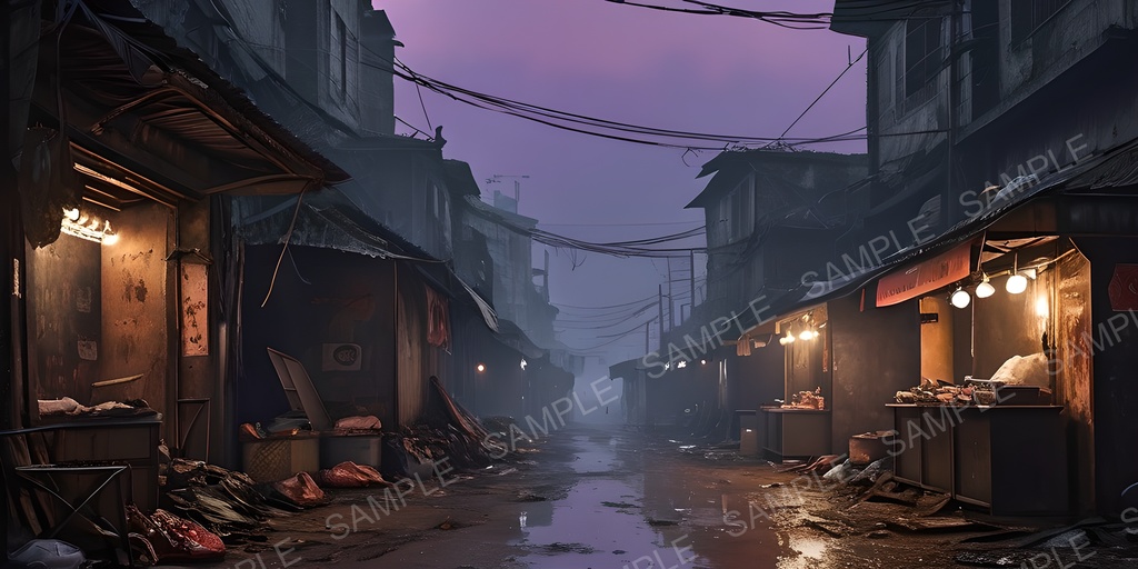 【2k背景素材】退廃サイバーパンク 裏路地マーケット|10枚セット