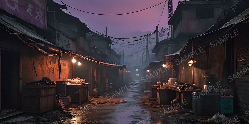 【2k背景素材】退廃サイバーパンク 裏路地マーケット|10枚セット