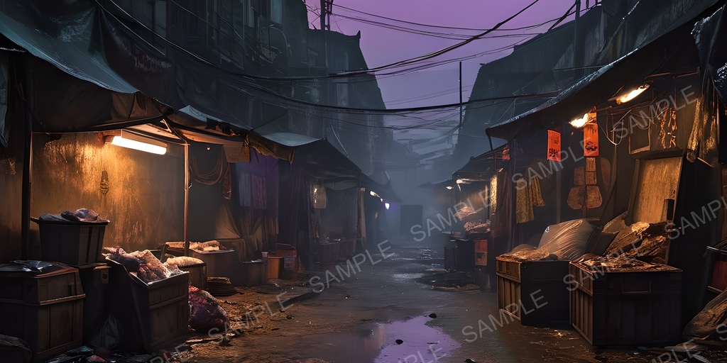 【2k背景素材】退廃サイバーパンク 裏路地マーケット|10枚セット