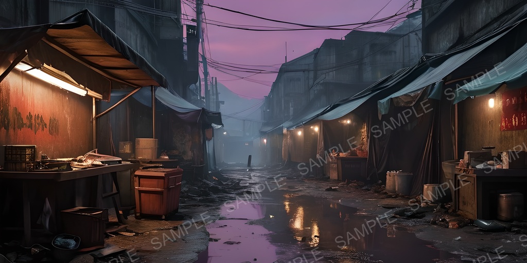 【2k背景素材】退廃サイバーパンク 裏路地マーケット|10枚セット