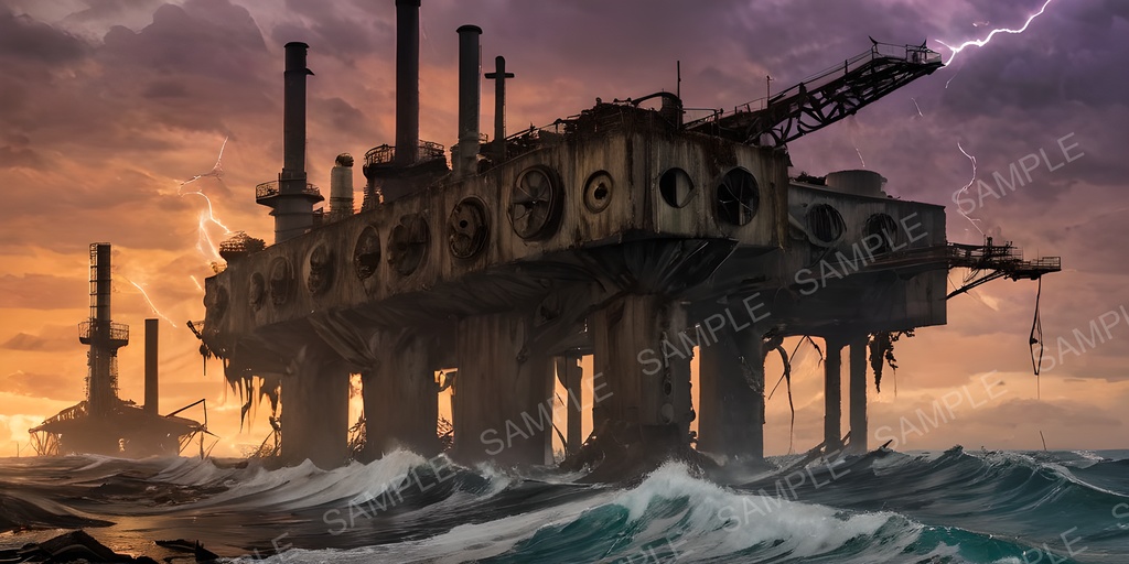 【2k背景素材】退廃サイバーパンク 海上発電プラットフォーム|10枚セット