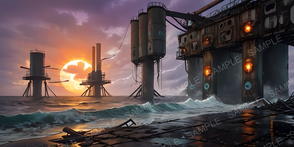 【2k背景素材】退廃サイバーパンク 海上発電プラットフォーム|10枚セット