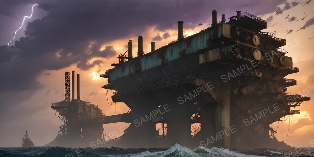 【2k背景素材】退廃サイバーパンク 海上発電プラットフォーム|10枚セット