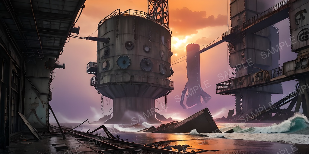 【2k背景素材】退廃サイバーパンク 海上発電プラットフォーム|10枚セット