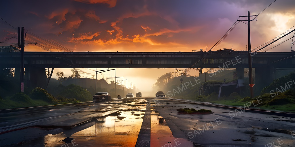 【2k背景素材】退廃サイバーパンク 崩壊高架道路群|10枚セット