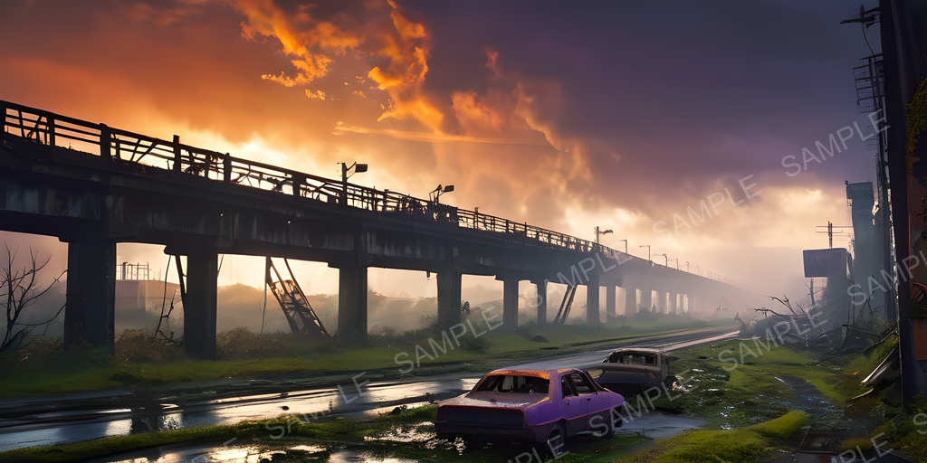 【2k背景素材】退廃サイバーパンク 崩壊高架道路群|10枚セット