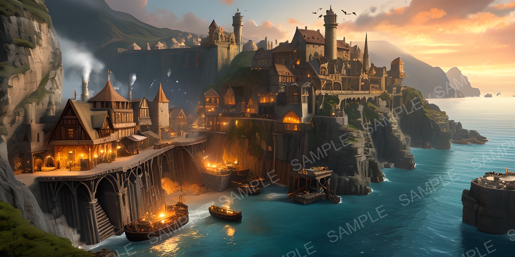 【2k背景素材】ファンタジー 採掘都市の夕景|10枚セット