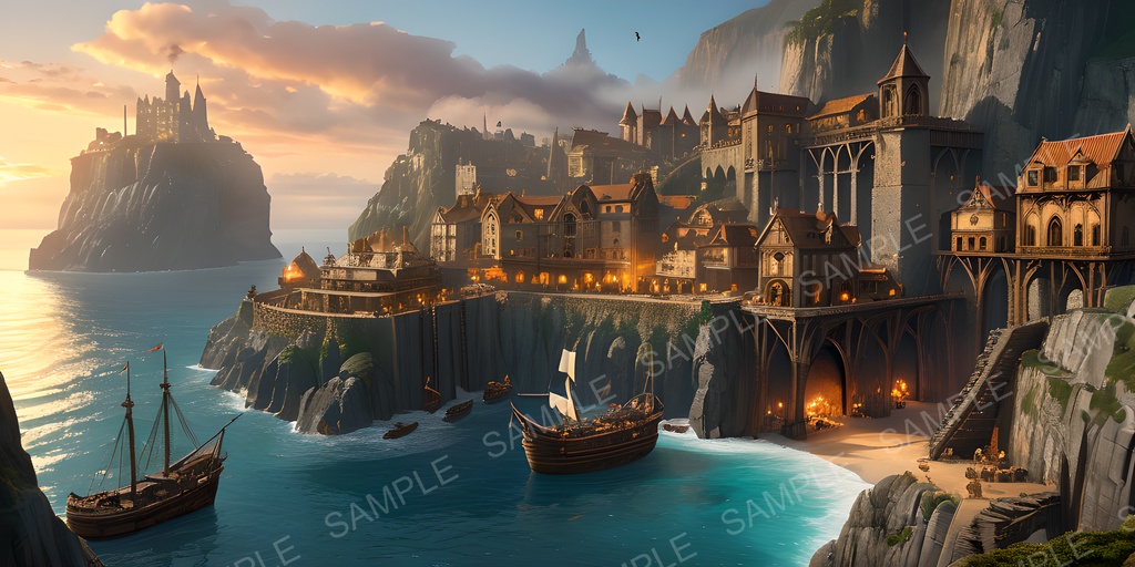 【2k背景素材】ファンタジー 採掘都市の夕景|10枚セット