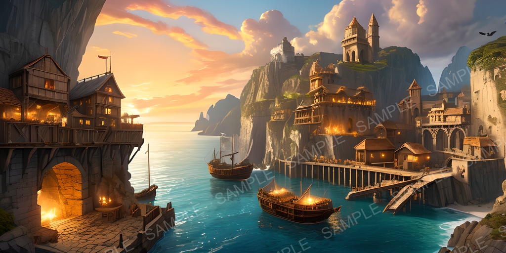 【2k背景素材】ファンタジー 採掘都市の夕景|10枚セット