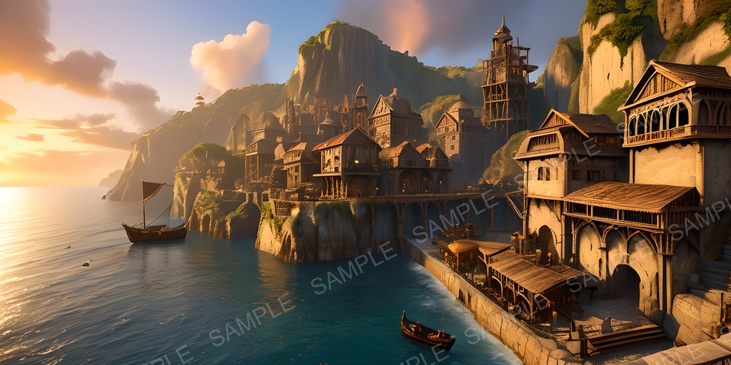 【2k背景素材】ファンタジー 採掘都市の夕景|10枚セット