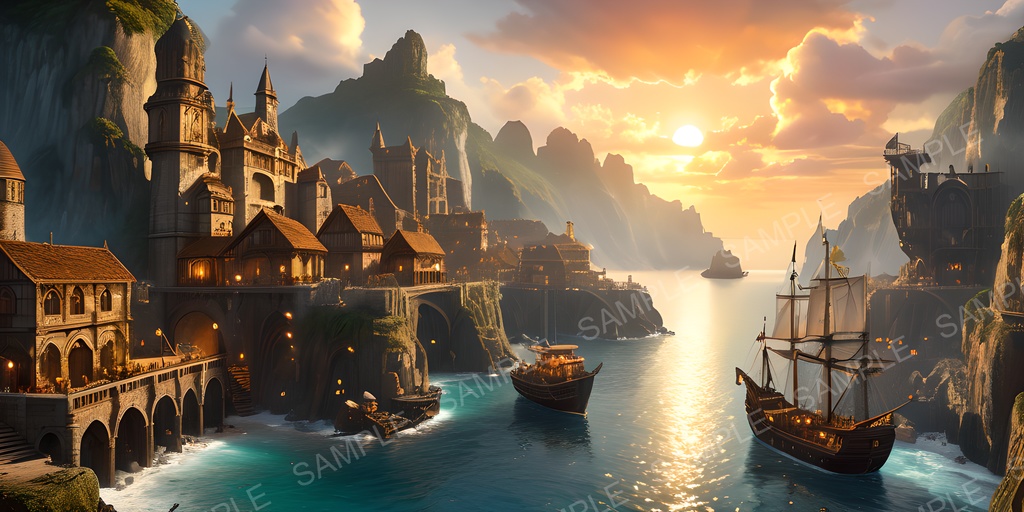 【2k背景素材】ファンタジー 採掘都市の夕景|10枚セット