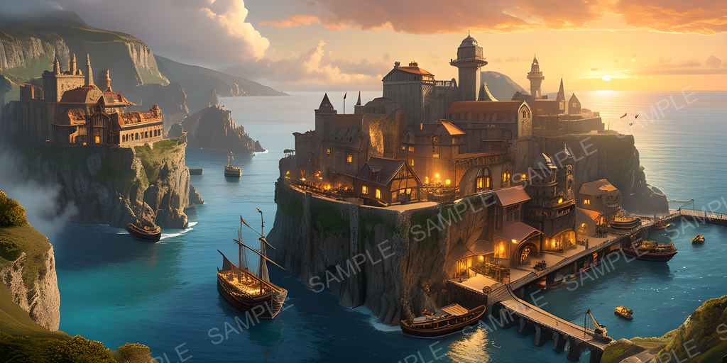 【2k背景素材】ファンタジー 採掘都市の夕景|10枚セット