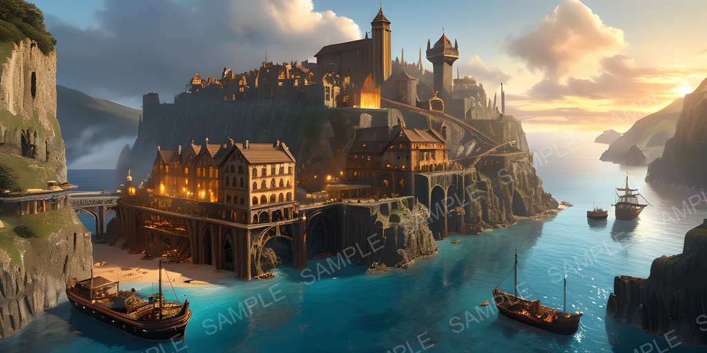 【2k背景素材】ファンタジー 採掘都市の夕景|10枚セット