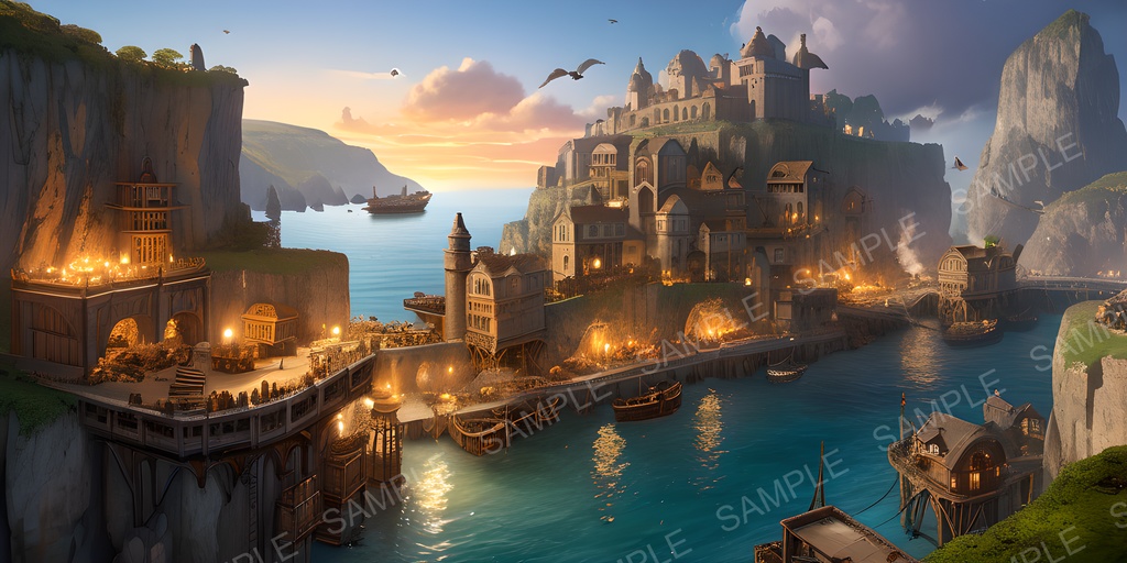 【2k背景素材】ファンタジー 採掘都市の夕景|10枚セット