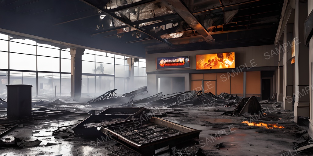 【2k背景素材】退廃サイバーパンク 焼け落ちたショッピングモール|10枚セット