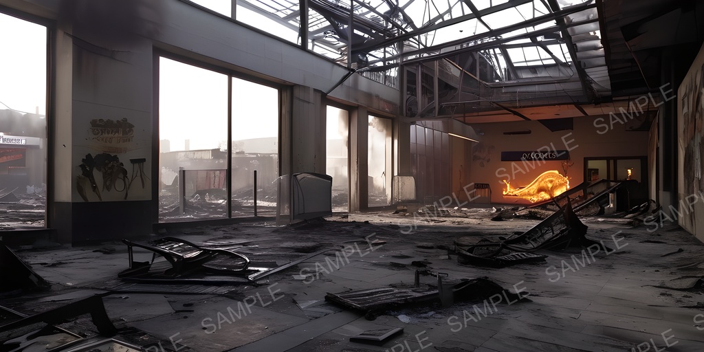 【2k背景素材】退廃サイバーパンク 焼け落ちたショッピングモール|10枚セット