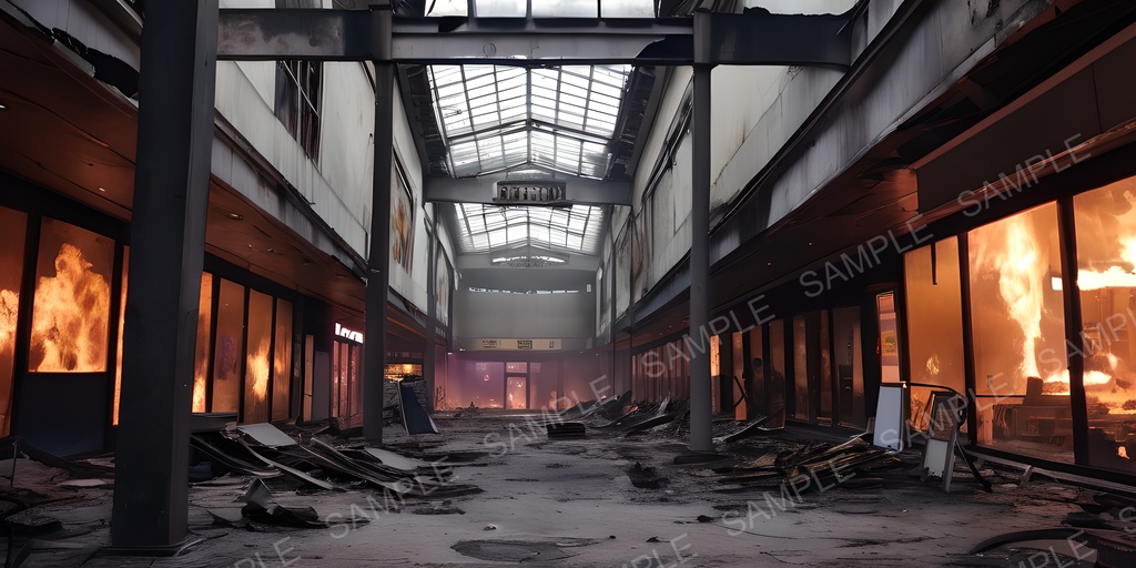 【2k背景素材】退廃サイバーパンク 焼け落ちたショッピングモール|10枚セット