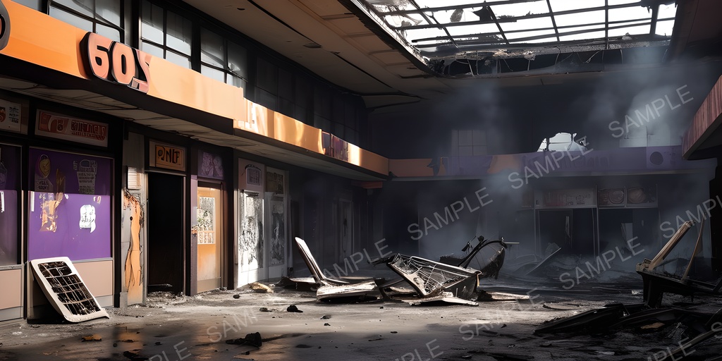 【2k背景素材】退廃サイバーパンク 焼け落ちたショッピングモール|10枚セット