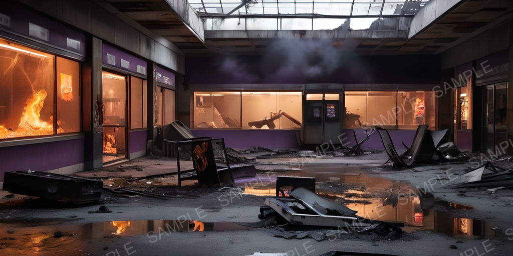 【2k背景素材】退廃サイバーパンク 焼け落ちたショッピングモール|10枚セット