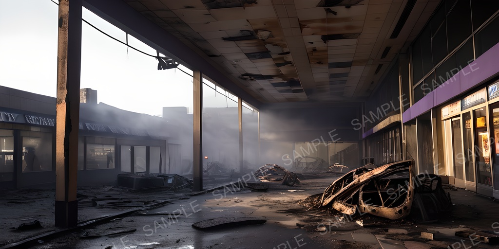 【2k背景素材】退廃サイバーパンク 焼け落ちたショッピングモール|10枚セット