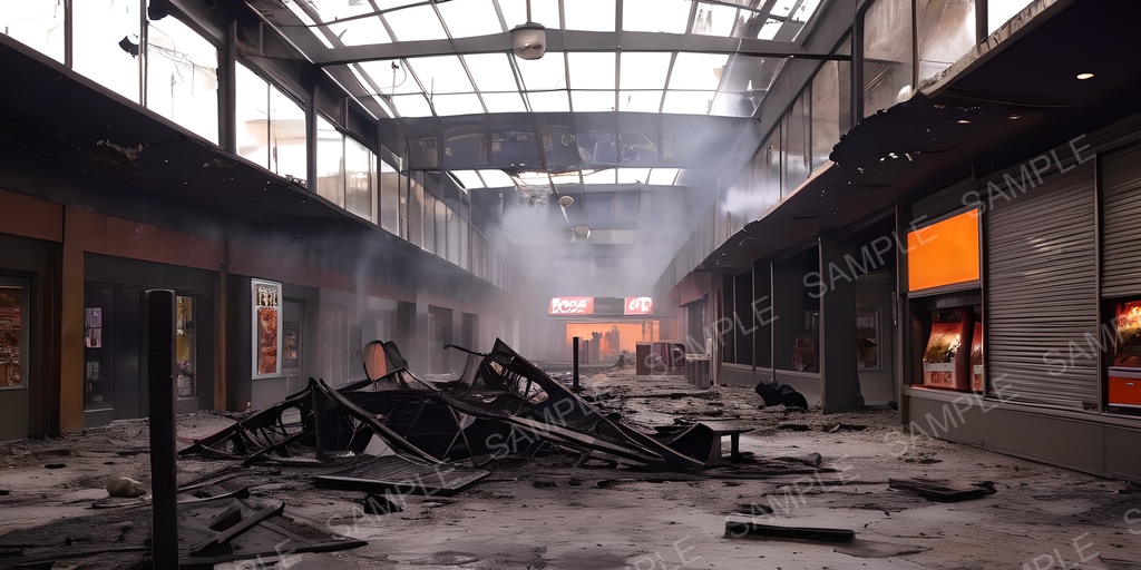 【2k背景素材】退廃サイバーパンク 焼け落ちたショッピングモール|10枚セット