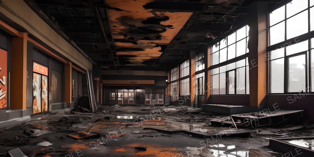 【2k背景素材】退廃サイバーパンク 焼け落ちたショッピングモール|10枚セット