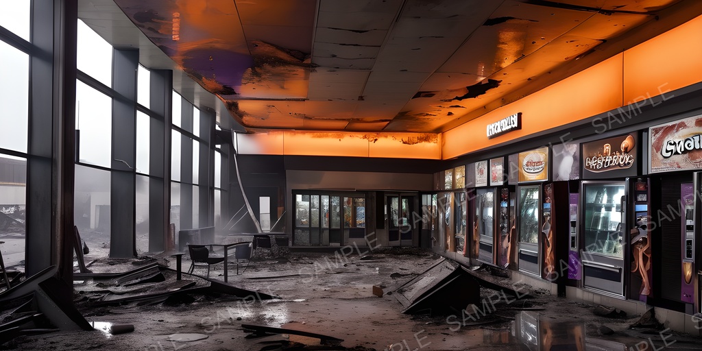 【2k背景素材】退廃サイバーパンク 焼け落ちたショッピングモール|10枚セット