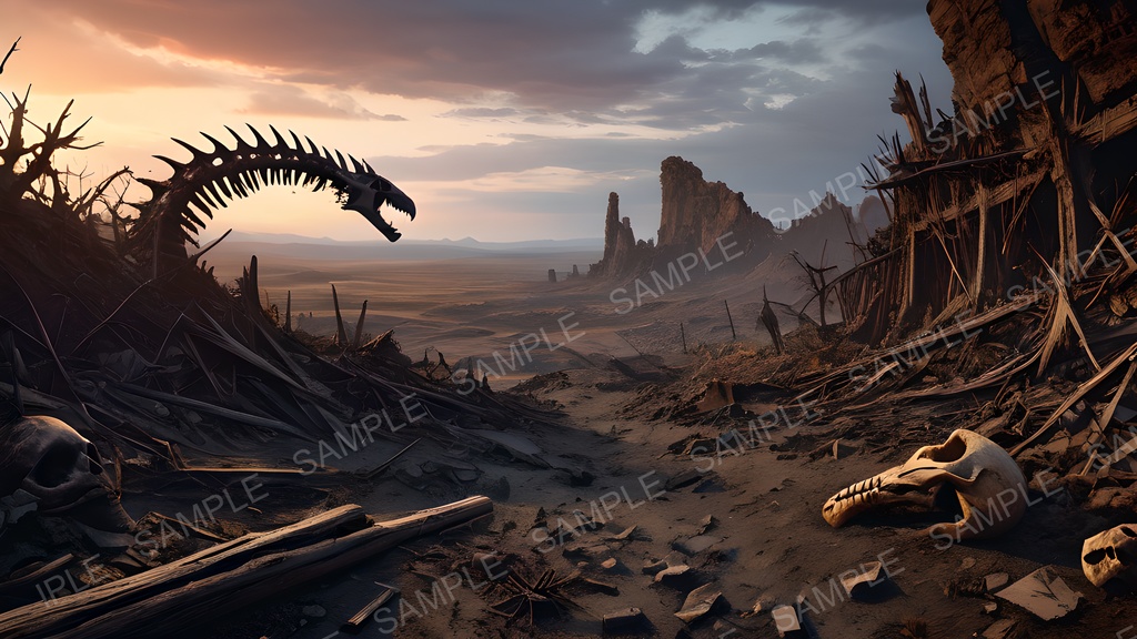 【2k背景素材】ダークファンタジー 荒野に横たわる巨竜骸骨|10枚セット
