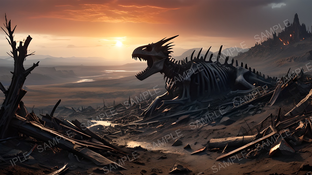 【2k背景素材】ダークファンタジー 荒野に横たわる巨竜骸骨|10枚セット