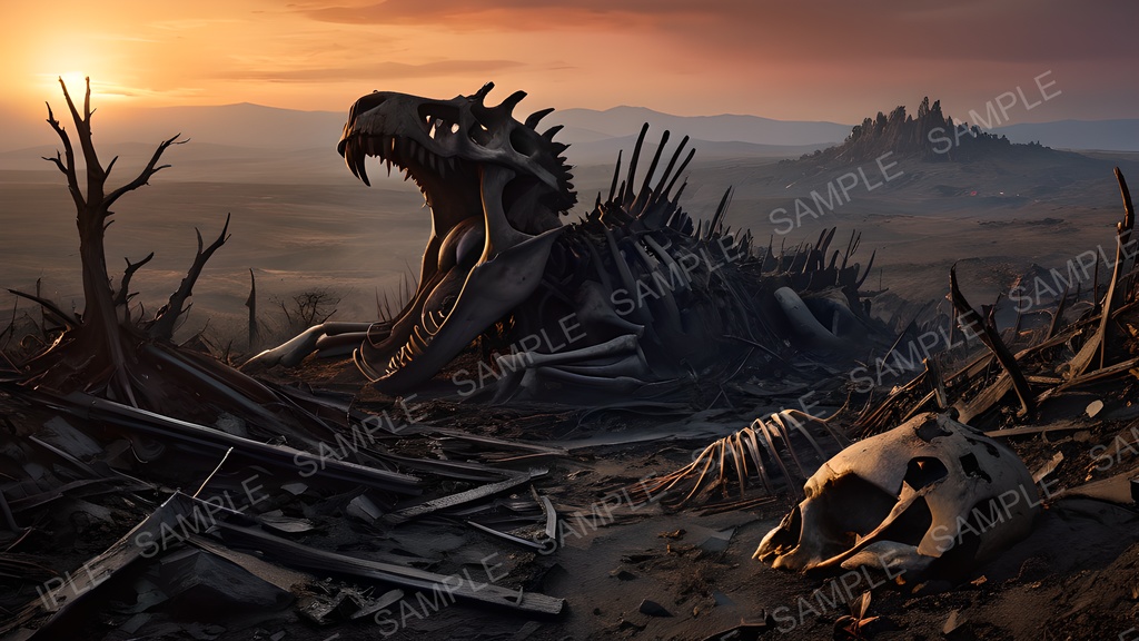 【2k背景素材】ダークファンタジー 荒野に横たわる巨竜骸骨|10枚セット