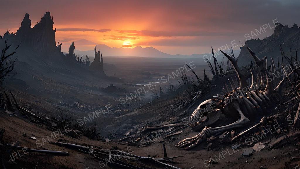【2k背景素材】ダークファンタジー 荒野に横たわる巨竜骸骨|10枚セット