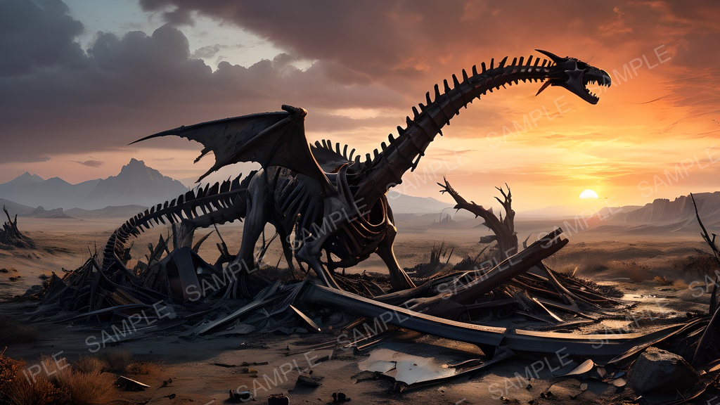 【2k背景素材】ダークファンタジー 荒野に横たわる巨竜骸骨|10枚セット