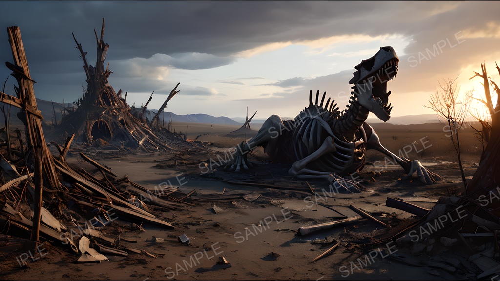 【2k背景素材】ダークファンタジー 荒野に横たわる巨竜骸骨|10枚セット