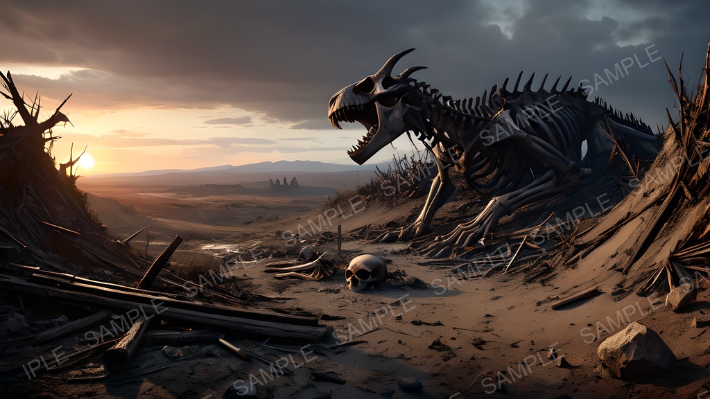 【2k背景素材】ダークファンタジー 荒野に横たわる巨竜骸骨|10枚セット