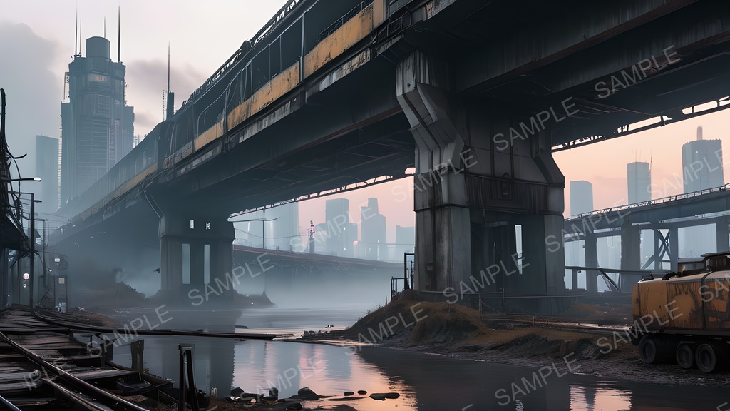 【2k背景素材】退廃サイバーパンク 廃橋と汚染河川|10枚セット