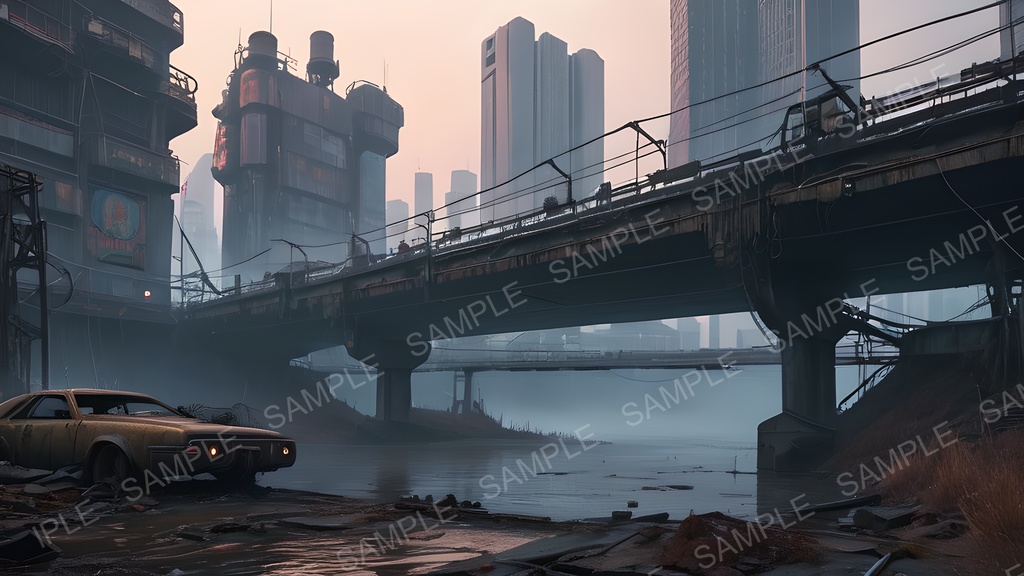 【2k背景素材】退廃サイバーパンク 廃橋と汚染河川|10枚セット