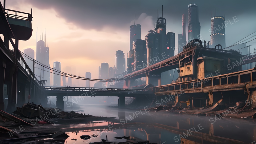 【2k背景素材】退廃サイバーパンク 廃橋と汚染河川|10枚セット