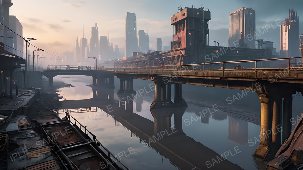 【2k背景素材】退廃サイバーパンク 廃橋と汚染河川|10枚セット
