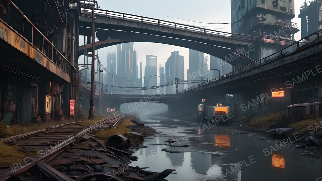 【2k背景素材】退廃サイバーパンク 廃橋と汚染河川|10枚セット