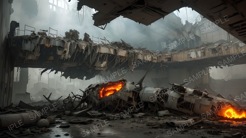 【2k背景素材】退廃サイバーパンク 廃墟格納庫|10枚セット