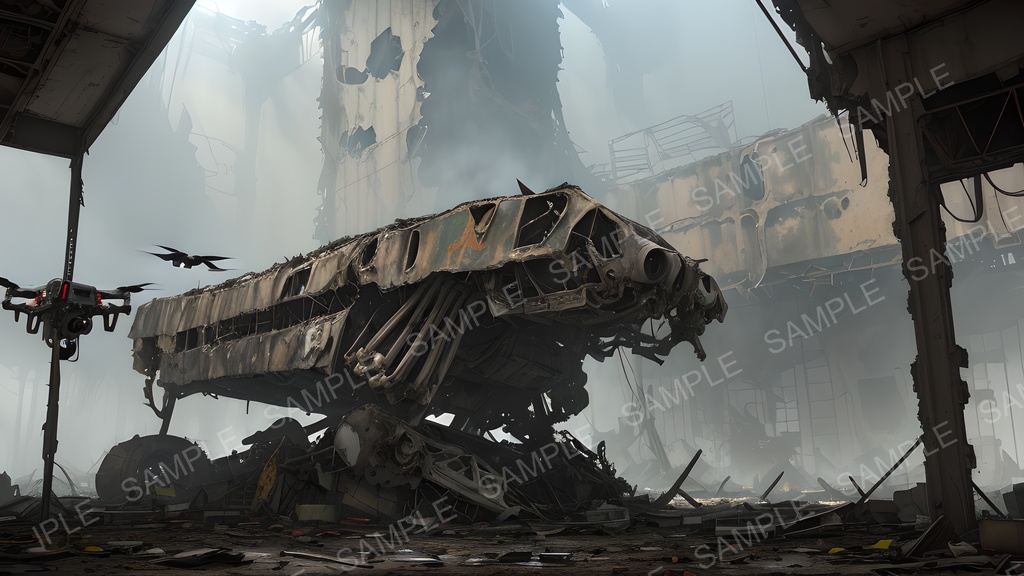 【2k背景素材】退廃サイバーパンク 廃墟格納庫|10枚セット