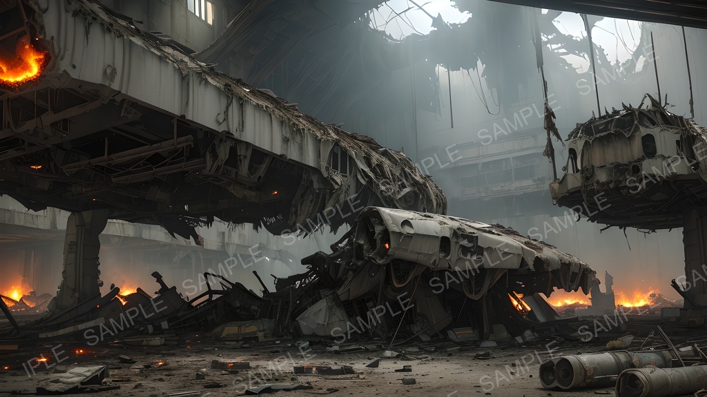 【2k背景素材】退廃サイバーパンク 廃墟格納庫|10枚セット