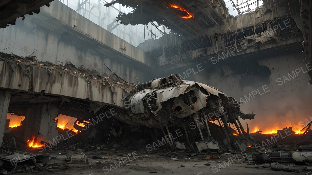 【2k背景素材】退廃サイバーパンク 廃墟格納庫|10枚セット