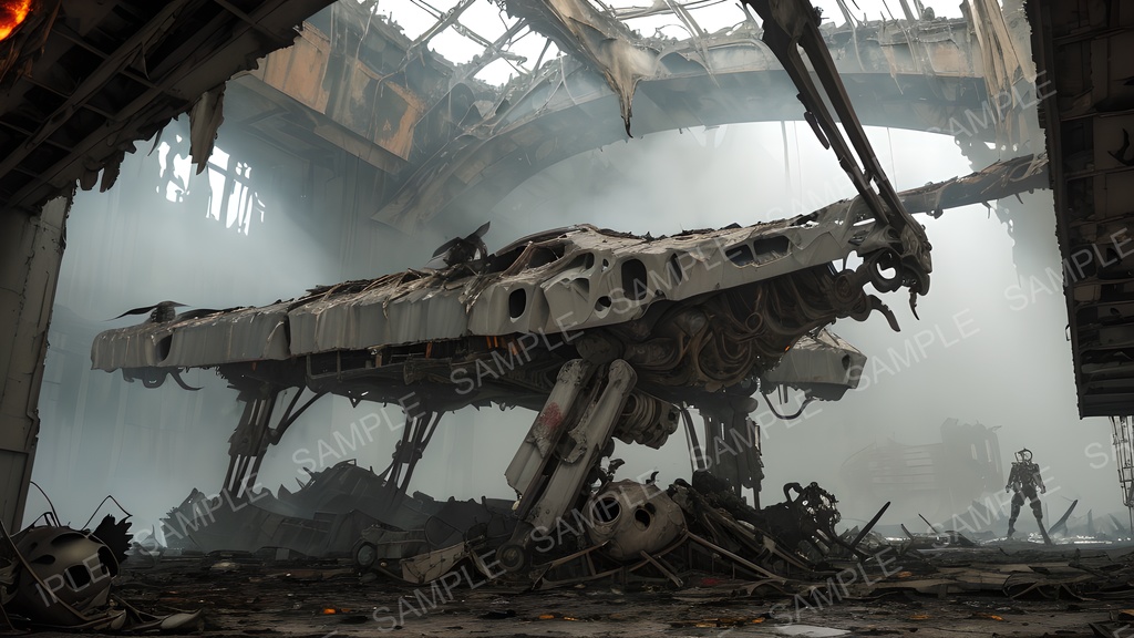 【2k背景素材】退廃サイバーパンク 廃墟格納庫|10枚セット